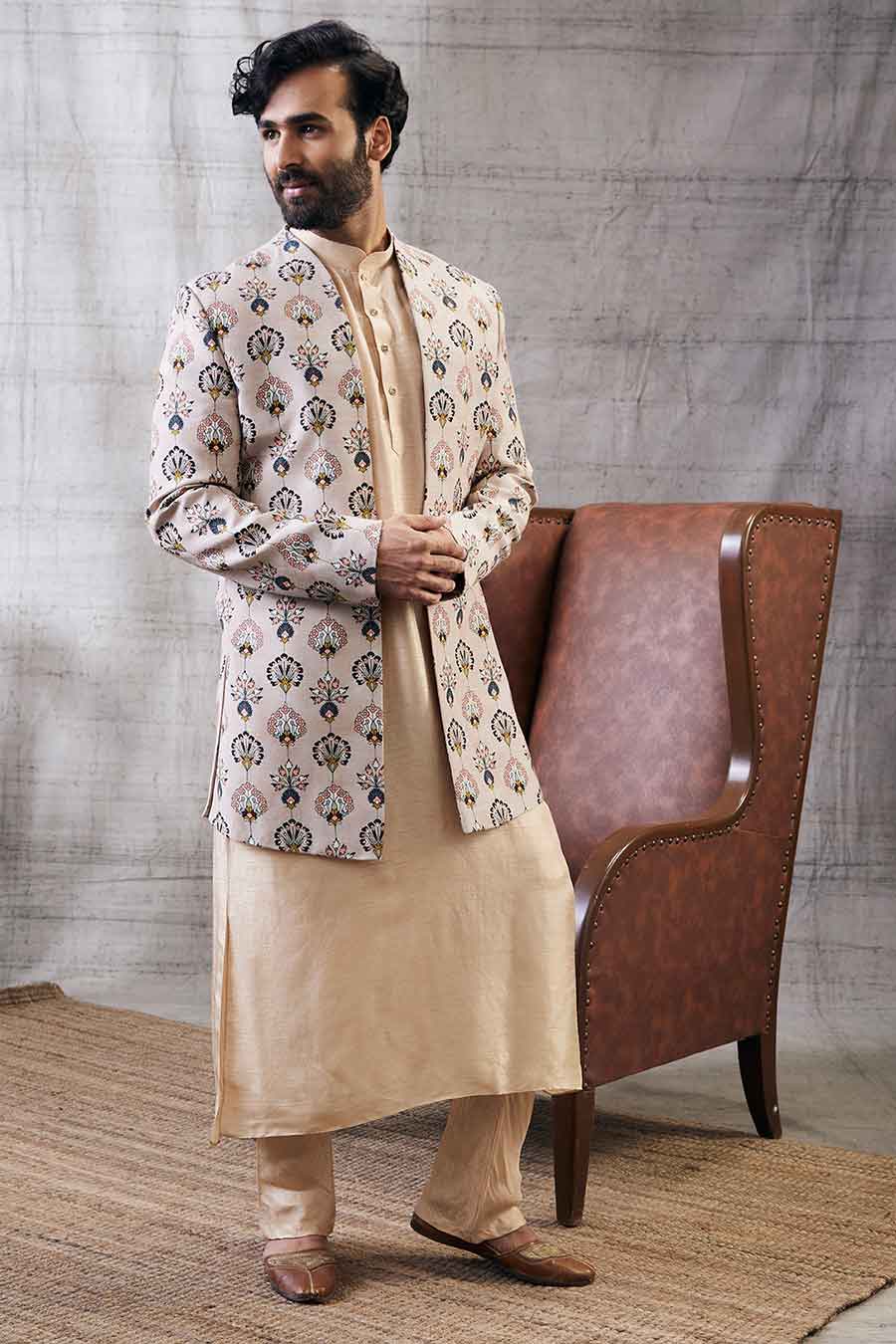 Sarouk Printed Longline Jacket With Kurta Set