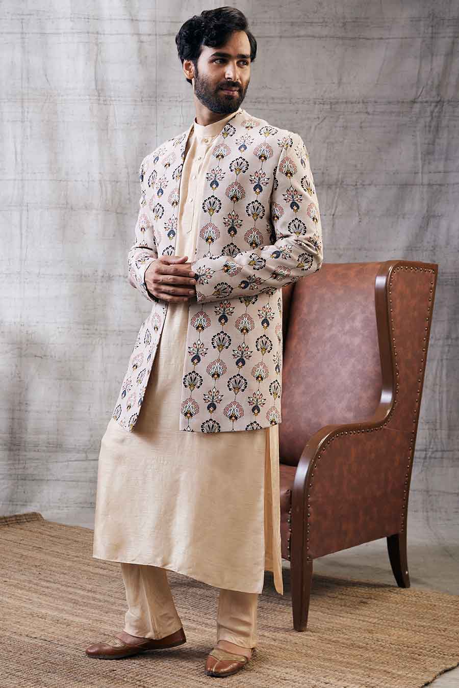 Sarouk Printed Longline Jacket With Kurta Set