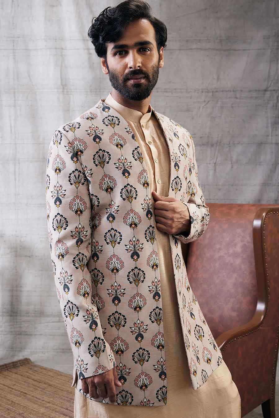 Sarouk Printed Longline Jacket With Kurta Set