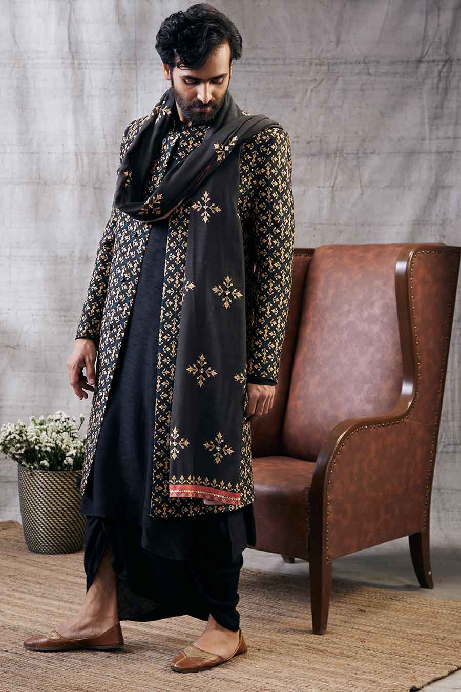 Zahra Printed Longline Jacket With Dhoti Sherwani Set
