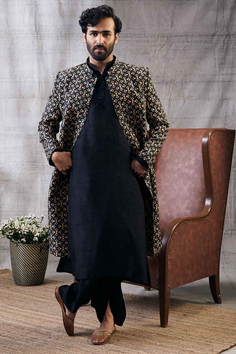 Zahra Printed Longline Jacket With Dhoti Sherwani Set