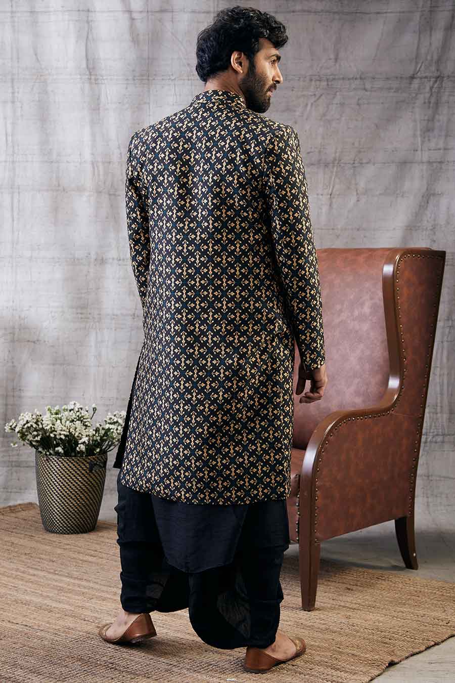 Zahra Printed Longline Jacket With Dhoti Sherwani Set