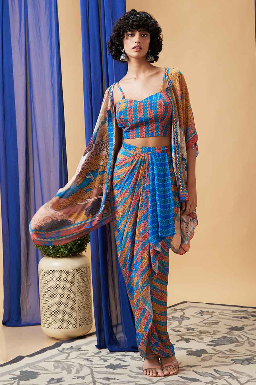 Multicolour Benazir Embroidered Co-ord Set with Cape