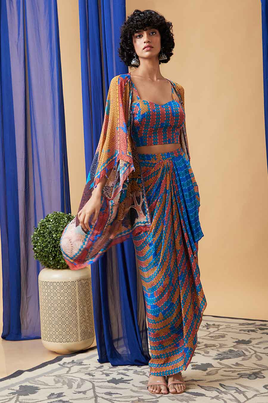 Multicolour Benazir Embroidered Co-ord Set with Cape