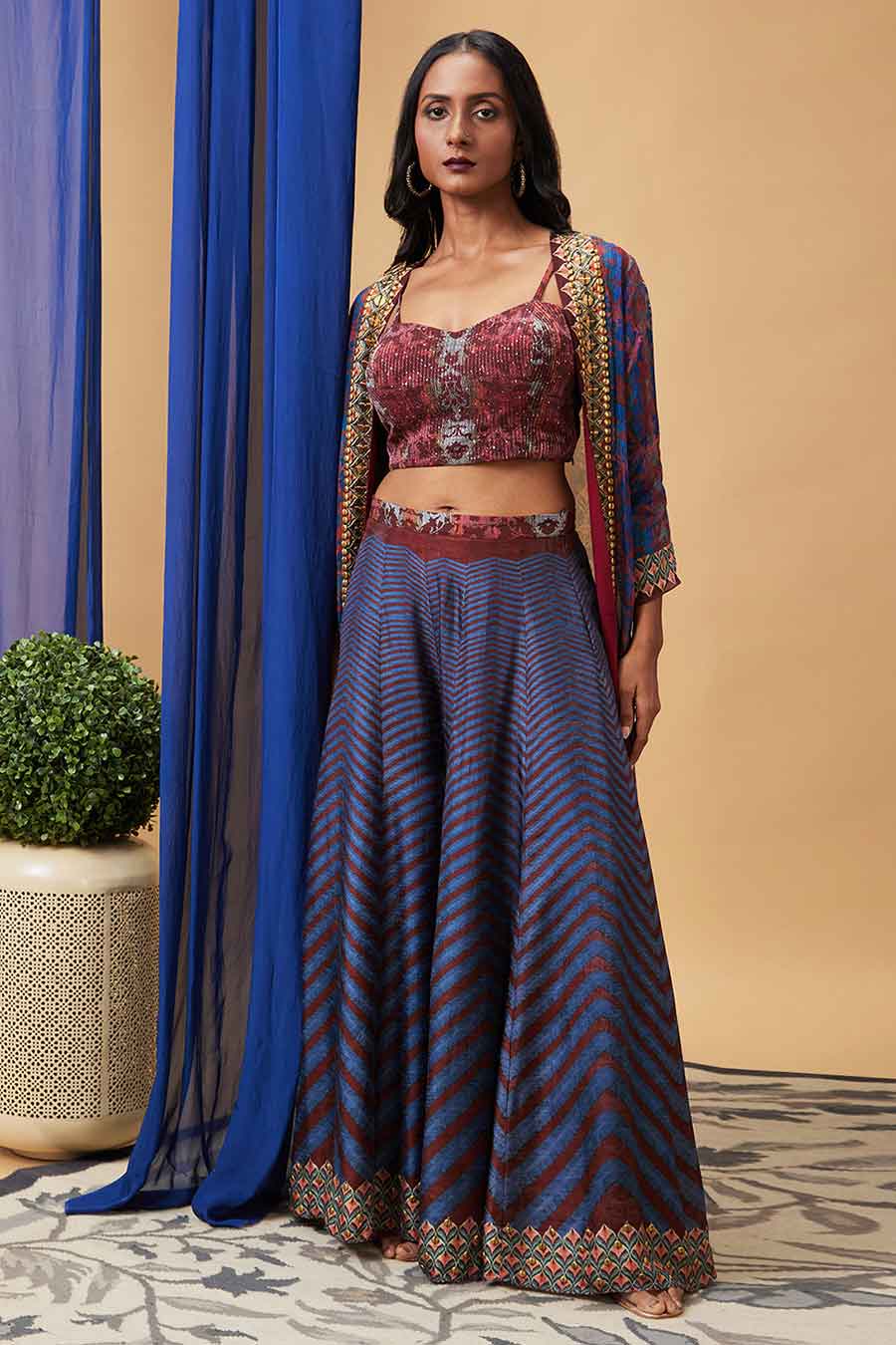 Maroon & Blue Adah Embroidered Co-Ord Set with Jacket