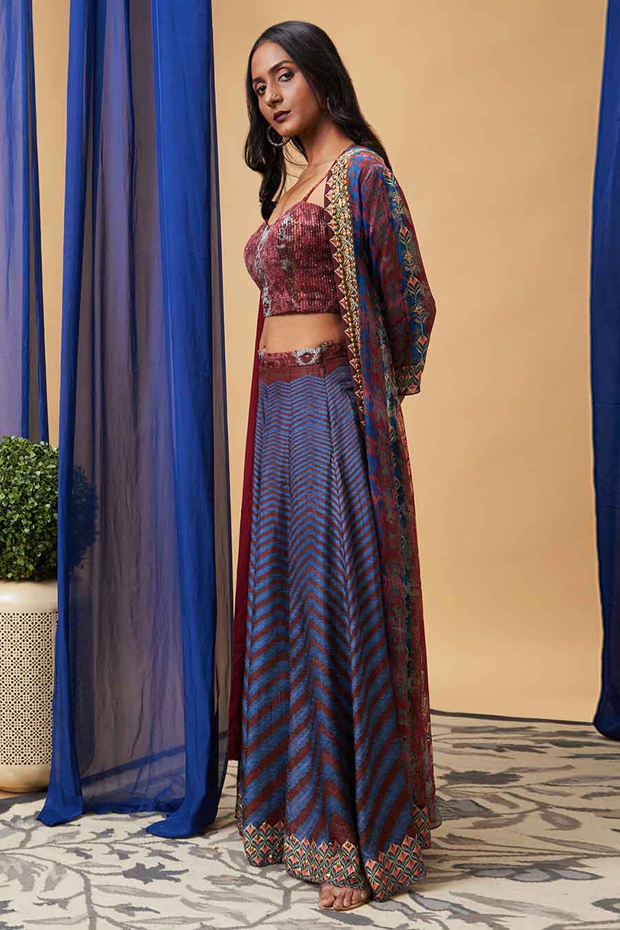 Maroon & Blue Adah Embroidered Co-Ord Set with Jacket