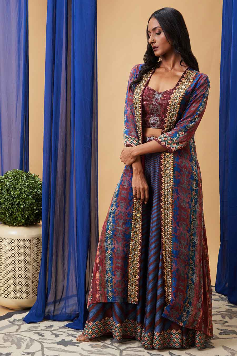 Maroon & Blue Adah Embroidered Co-Ord Set with Jacket