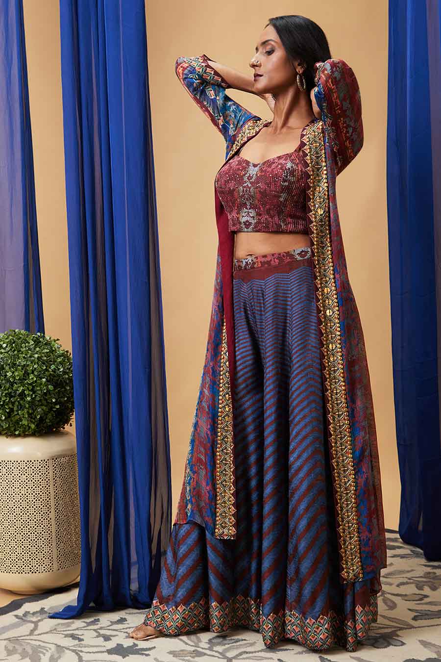 Maroon & Blue Adah Embroidered Co-Ord Set with Jacket