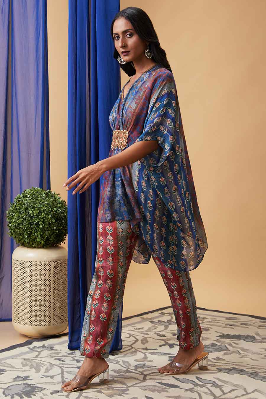 Maroon & Blue Adah Embroidered Kaftan Set