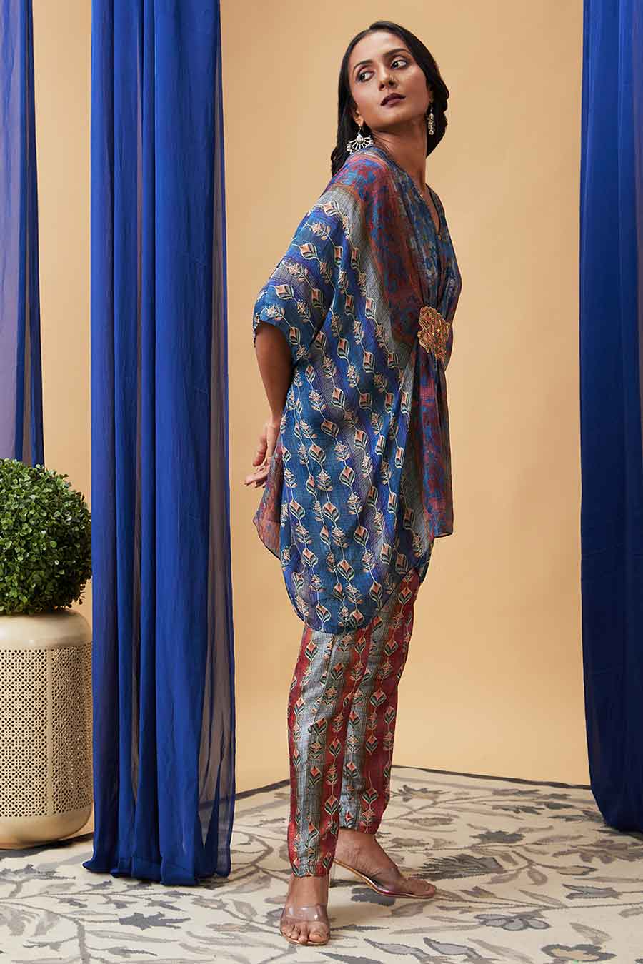 Maroon & Blue Adah Embroidered Kaftan Set