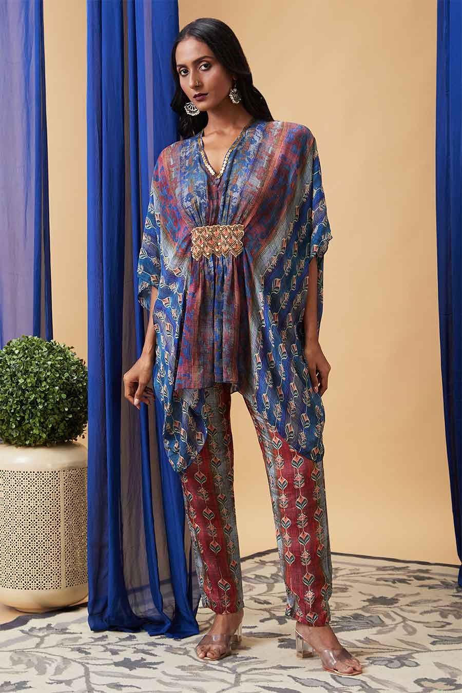 Maroon & Blue Adah Embroidered Kaftan Set