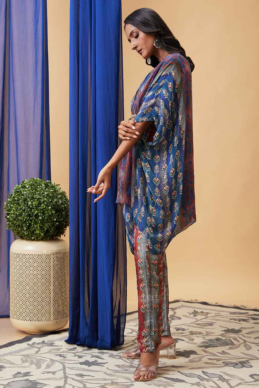 Maroon & Blue Adah Embroidered Kaftan Set