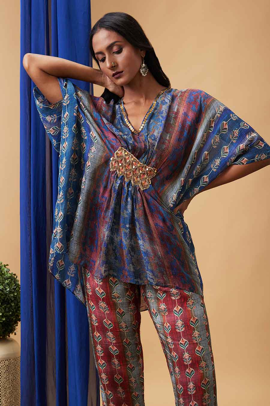 Maroon & Blue Adah Embroidered Kaftan Set