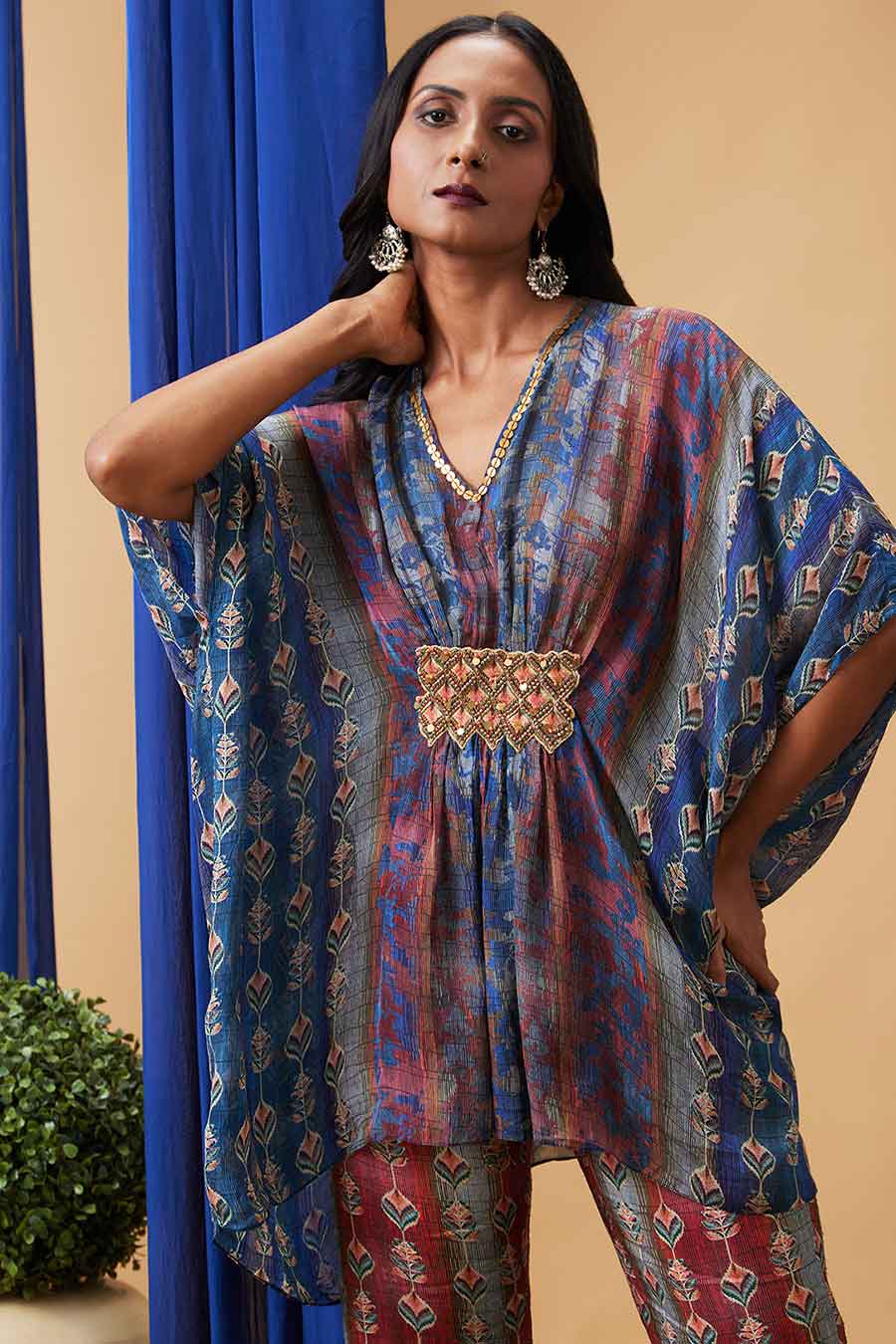 Maroon & Blue Adah Embroidered Kaftan Set