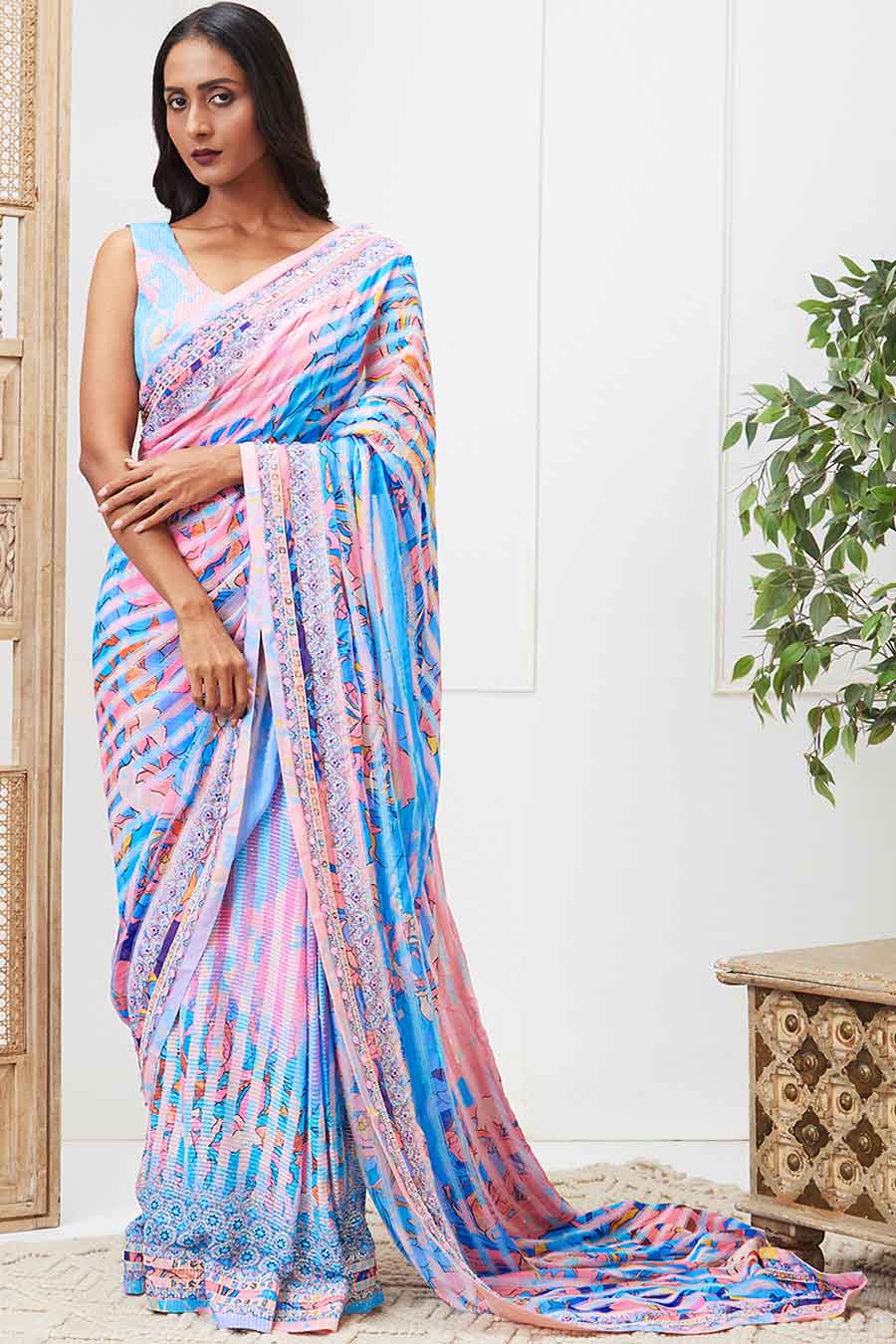 Blue Zaynab Sequin Pre-Drape Saree