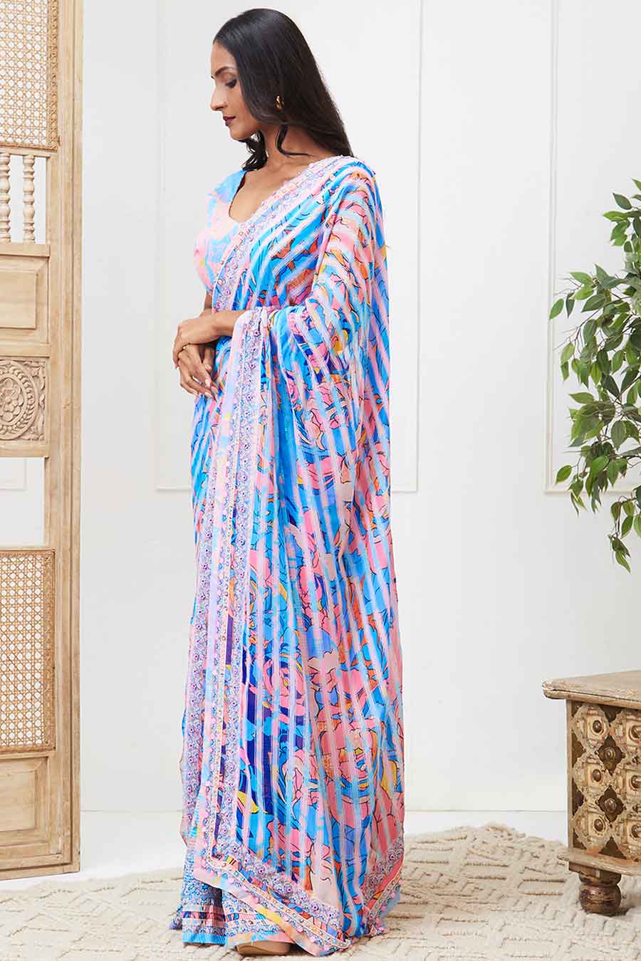 Blue Zaynab Sequin Pre-Drape Saree