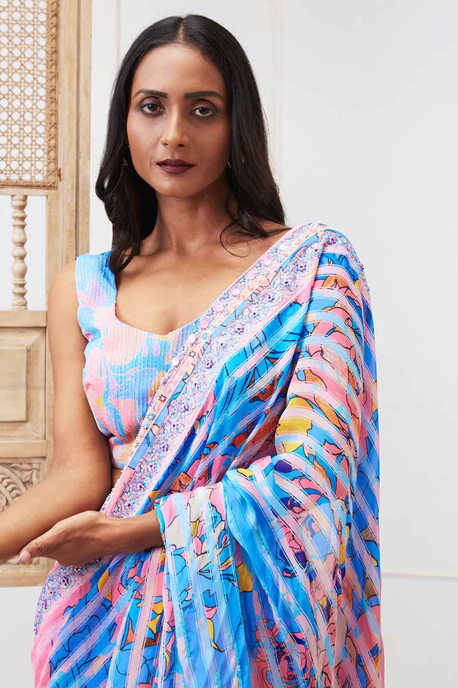 Blue Zaynab Sequin Pre-Drape Saree