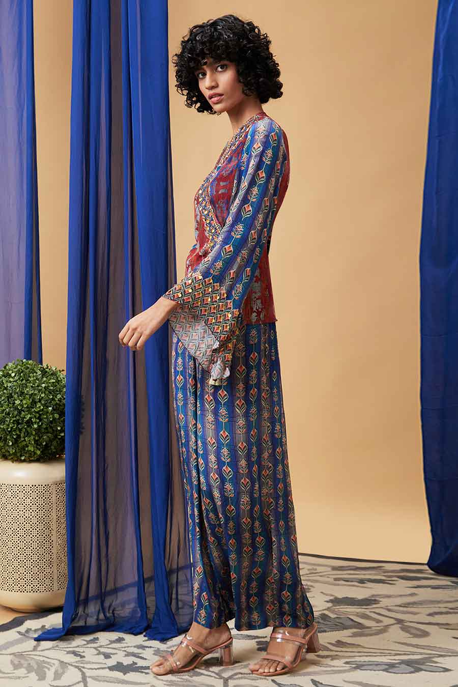 Maroon & Blue Adah Embroidered Angarkha Set