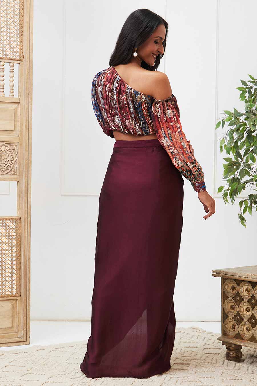 Maroon Adah Printed Drape Skirt Set