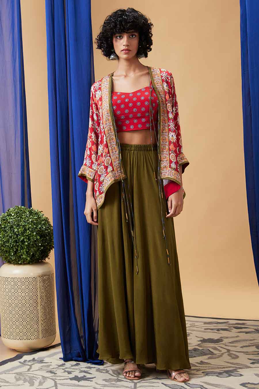 Red & Green Tabriz Embroidered Palazzo Set