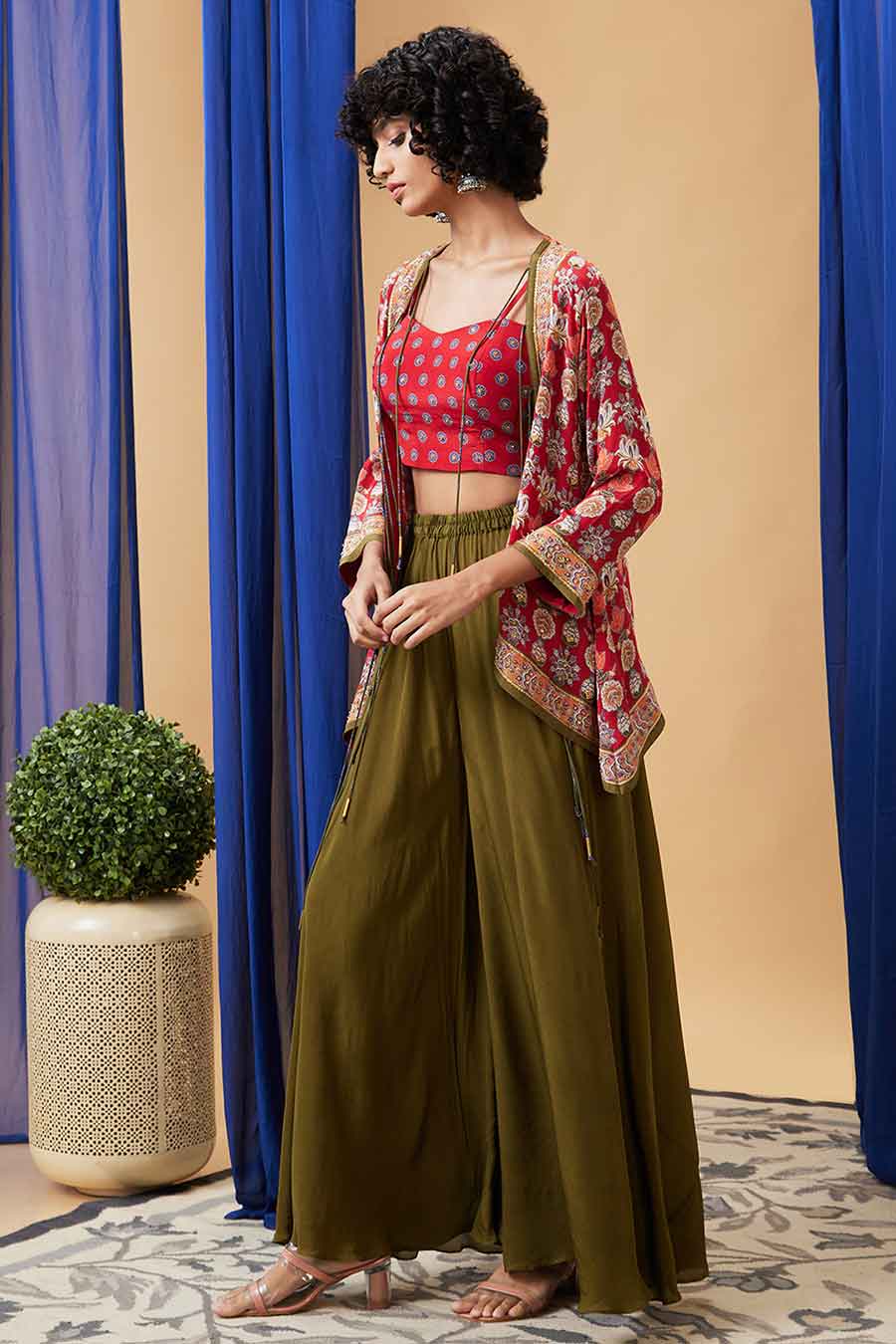Red & Green Tabriz Embroidered Palazzo Set