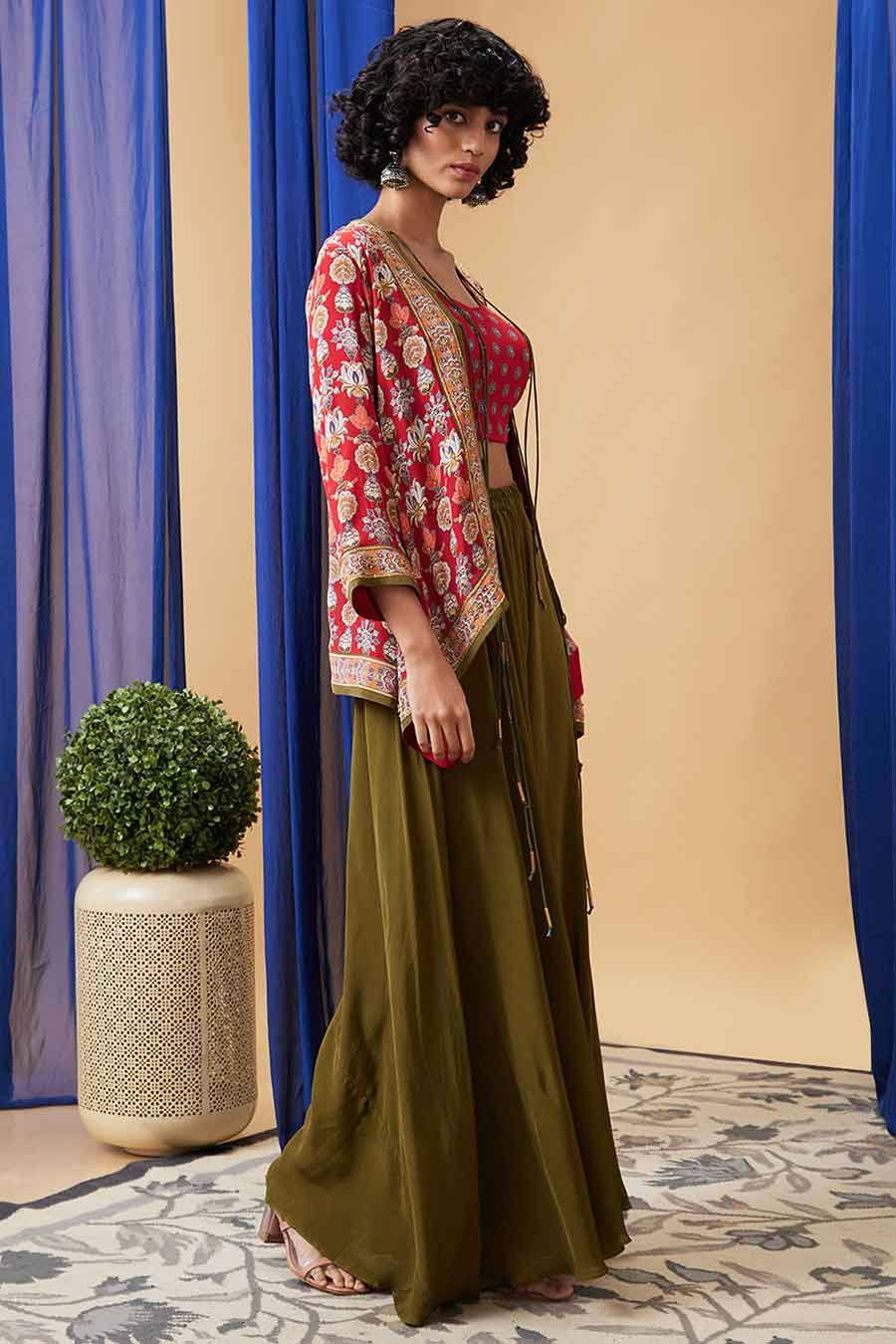 Red & Green Tabriz Embroidered Palazzo Set