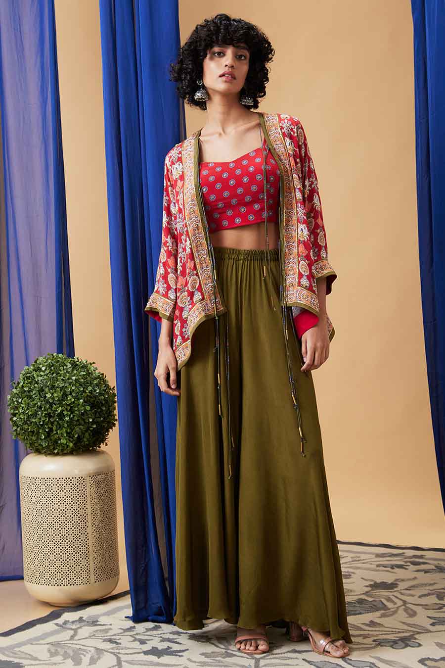 Red & Green Tabriz Embroidered Palazzo Set