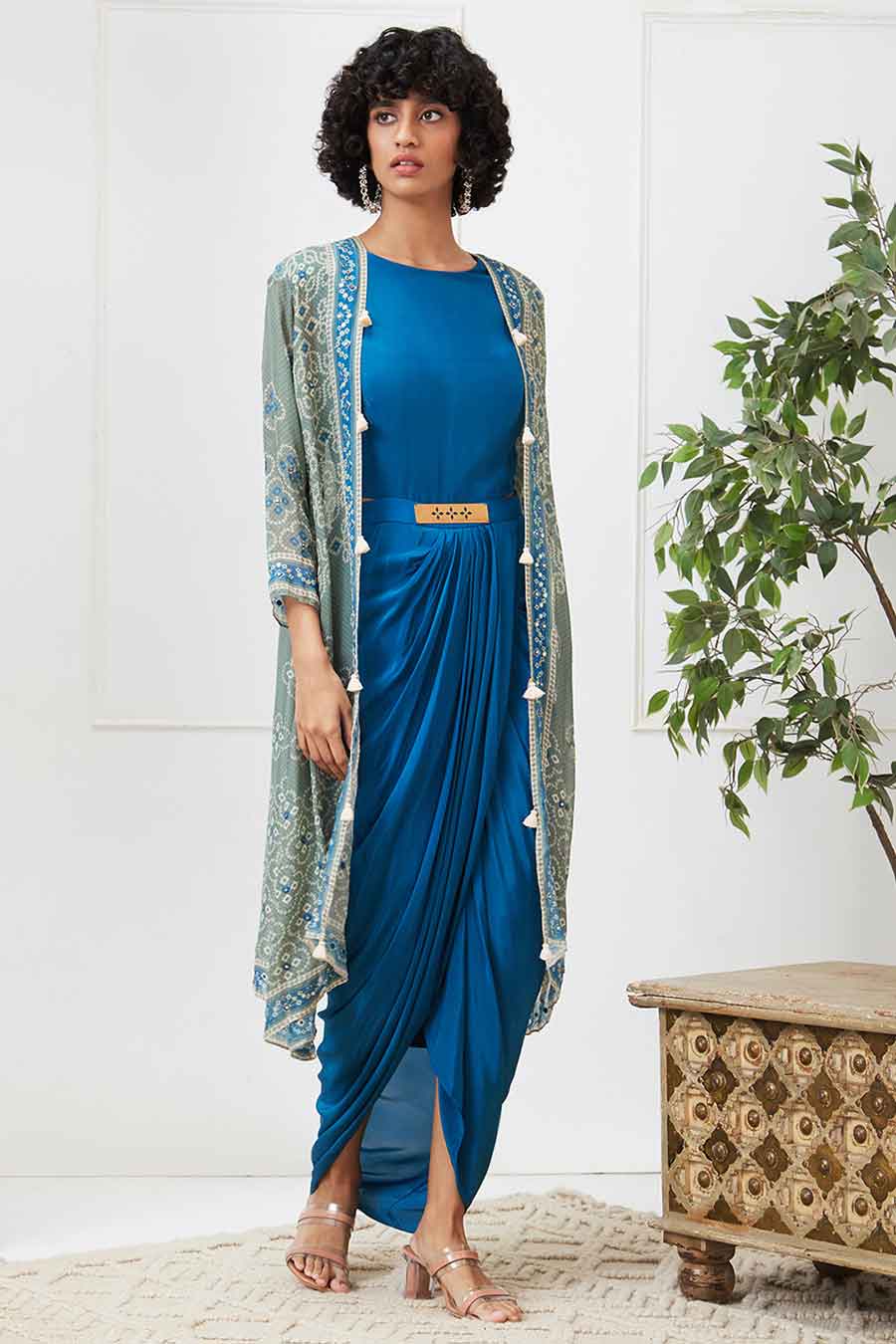 Blue Bandej Drape Dress with Printed Jacket