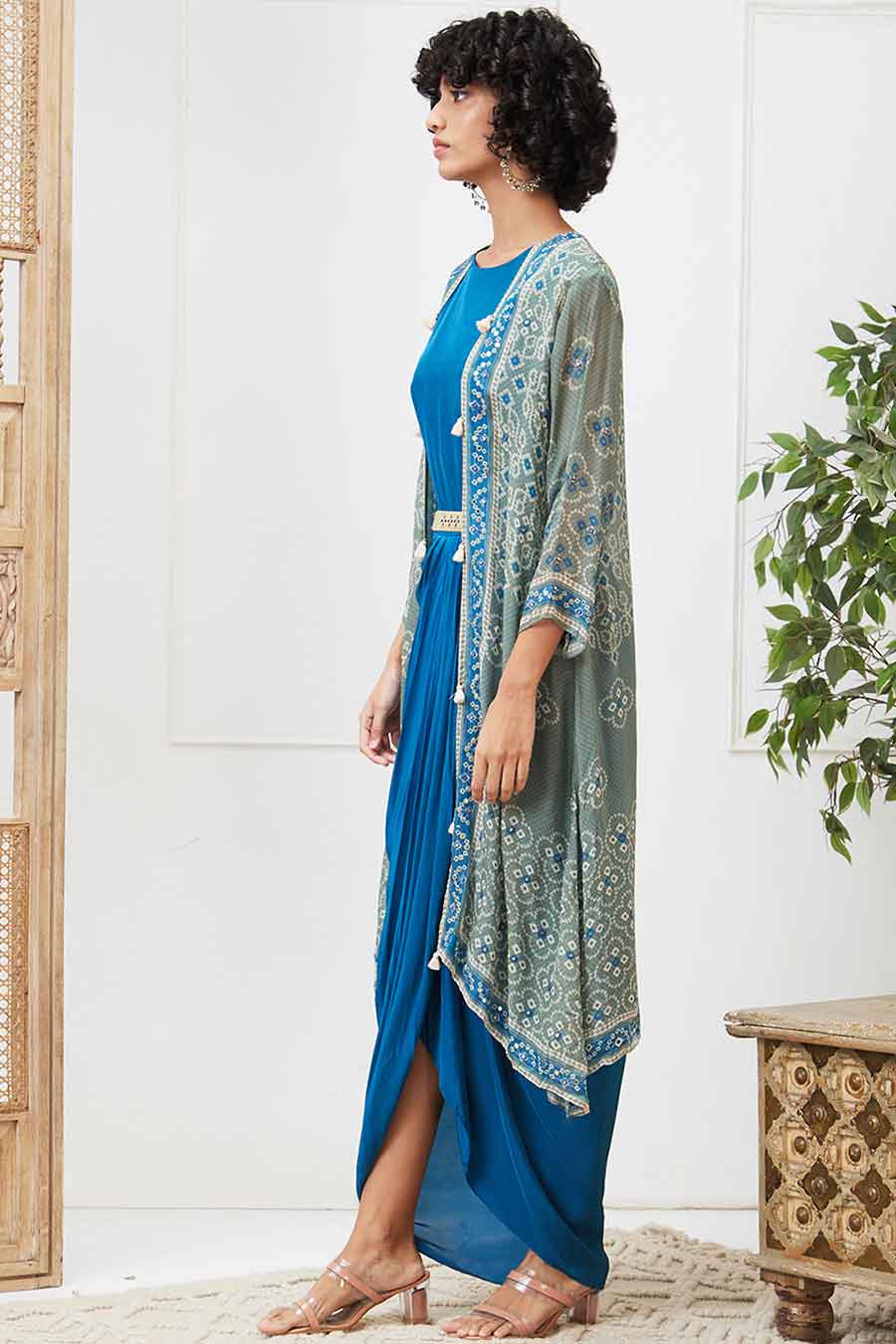 Blue Bandej Drape Dress with Printed Jacket