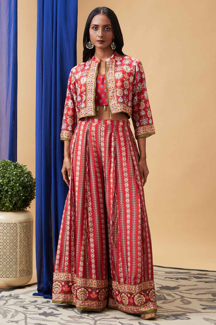 Red Tabriz Embroidered Palazzo Set with Jacket