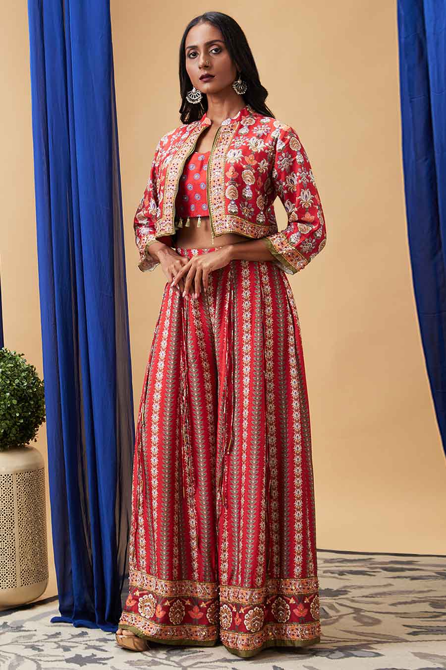 Red Tabriz Embroidered Palazzo Set with Jacket