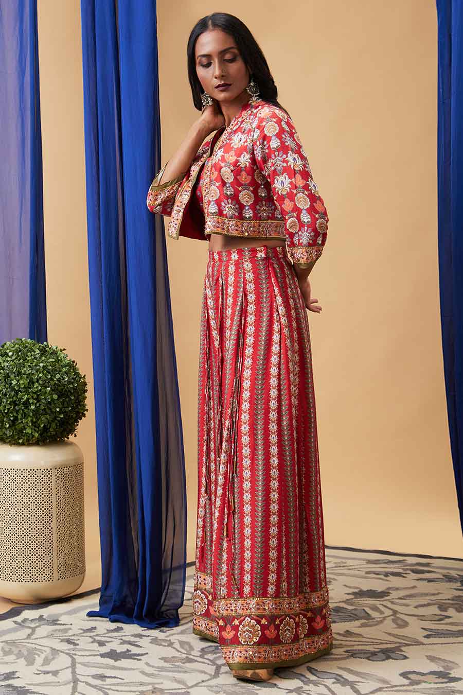 Red Tabriz Embroidered Palazzo Set with Jacket