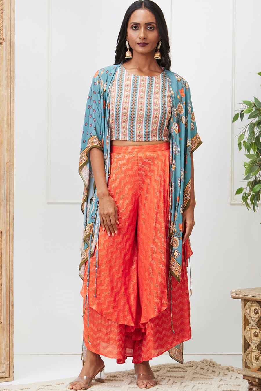 Blue & Red Tabriz Embroidered Drape Pant Set with Jacket