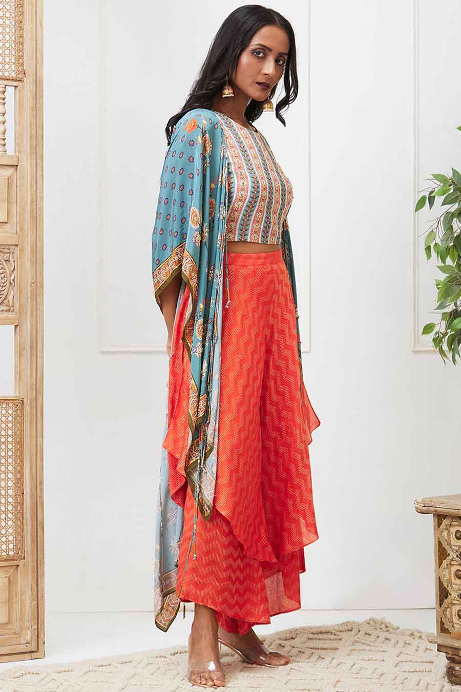 Blue & Red Tabriz Embroidered Drape Pant Set with Jacket
