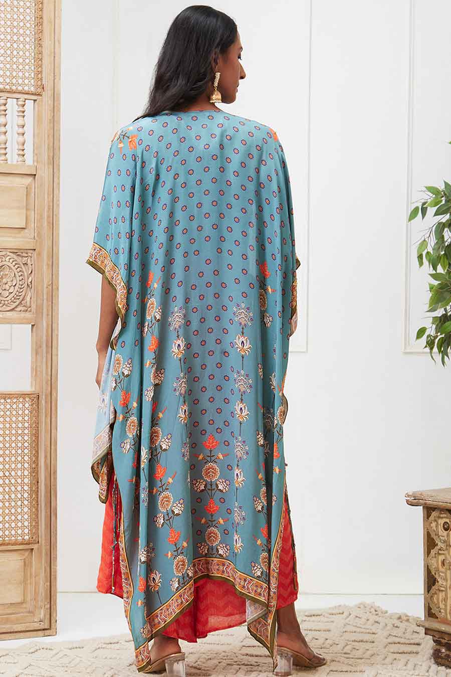 Blue & Red Tabriz Embroidered Drape Pant Set with Jacket