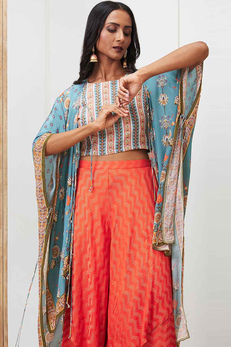 Blue & Red Tabriz Embroidered Drape Pant Set with Jacket