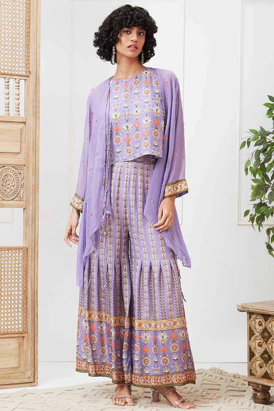 Purple Tabriz Embroidered Pleated Pant Set with Jacket