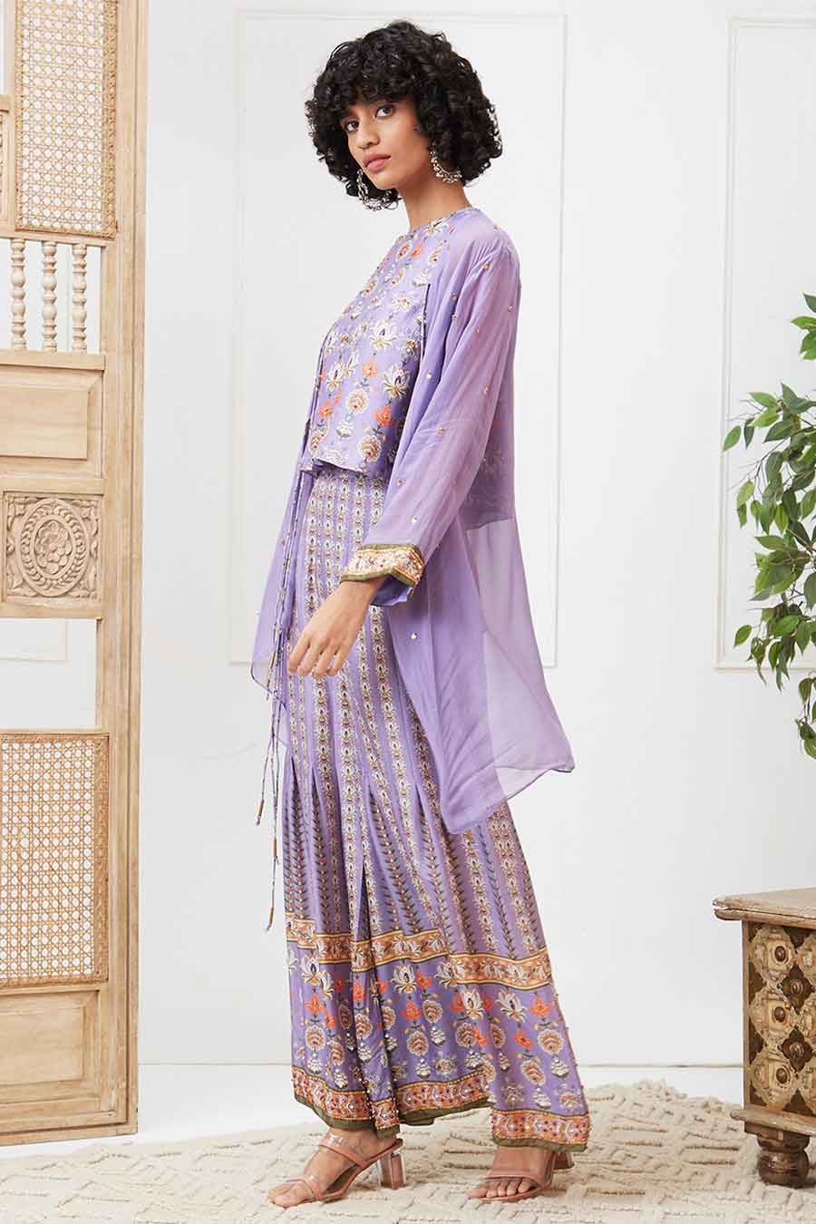 Purple Tabriz Embroidered Pleated Pant Set with Jacket