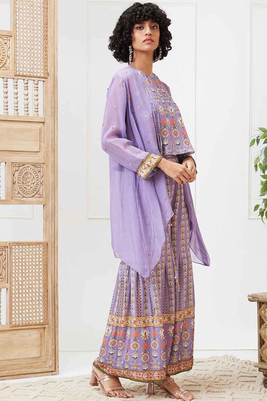 Purple Tabriz Embroidered Pleated Pant Set with Jacket