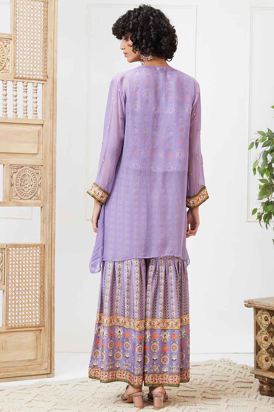 Purple Tabriz Embroidered Pleated Pant Set with Jacket