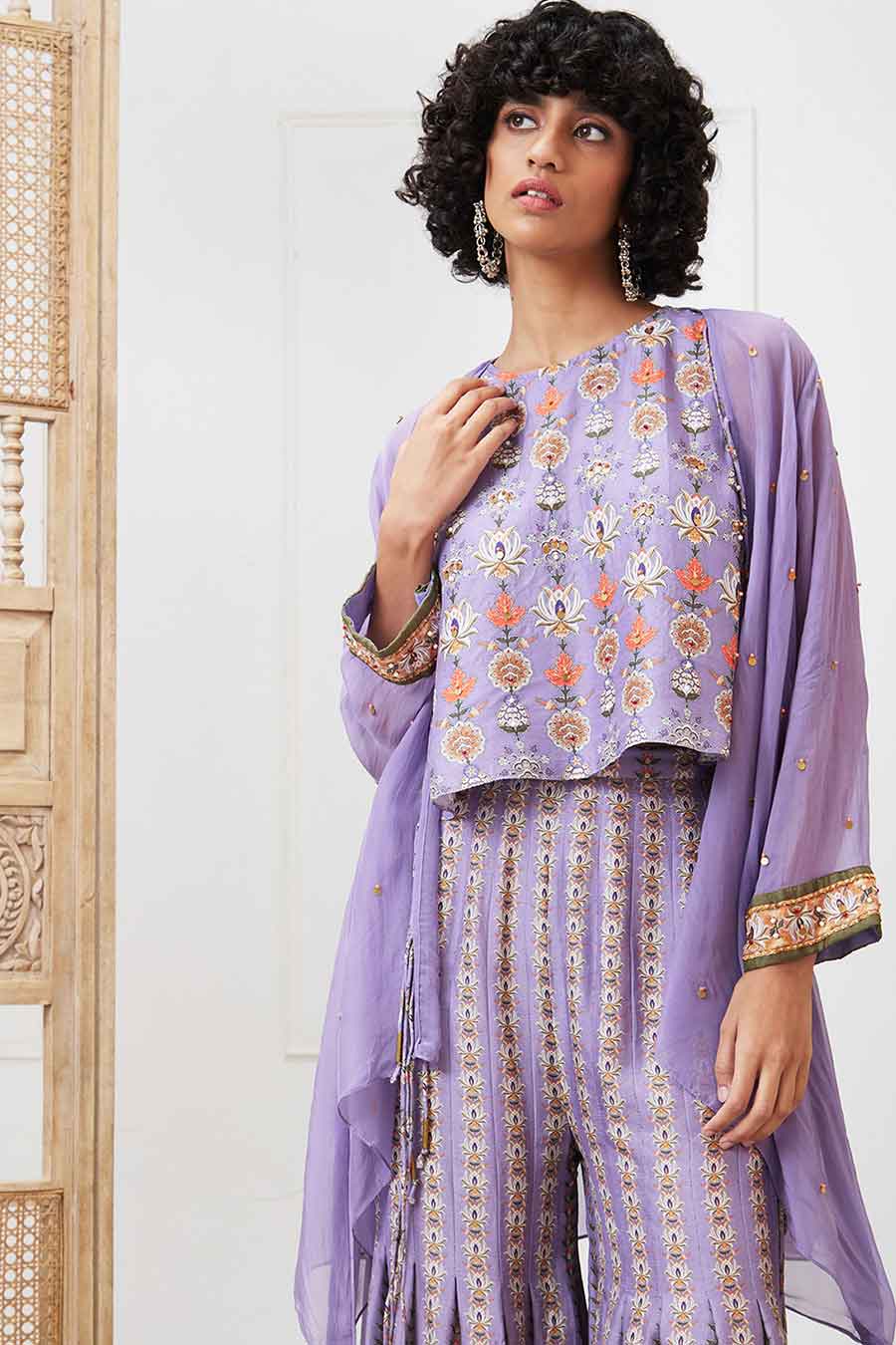 Purple Tabriz Embroidered Pleated Pant Set with Jacket