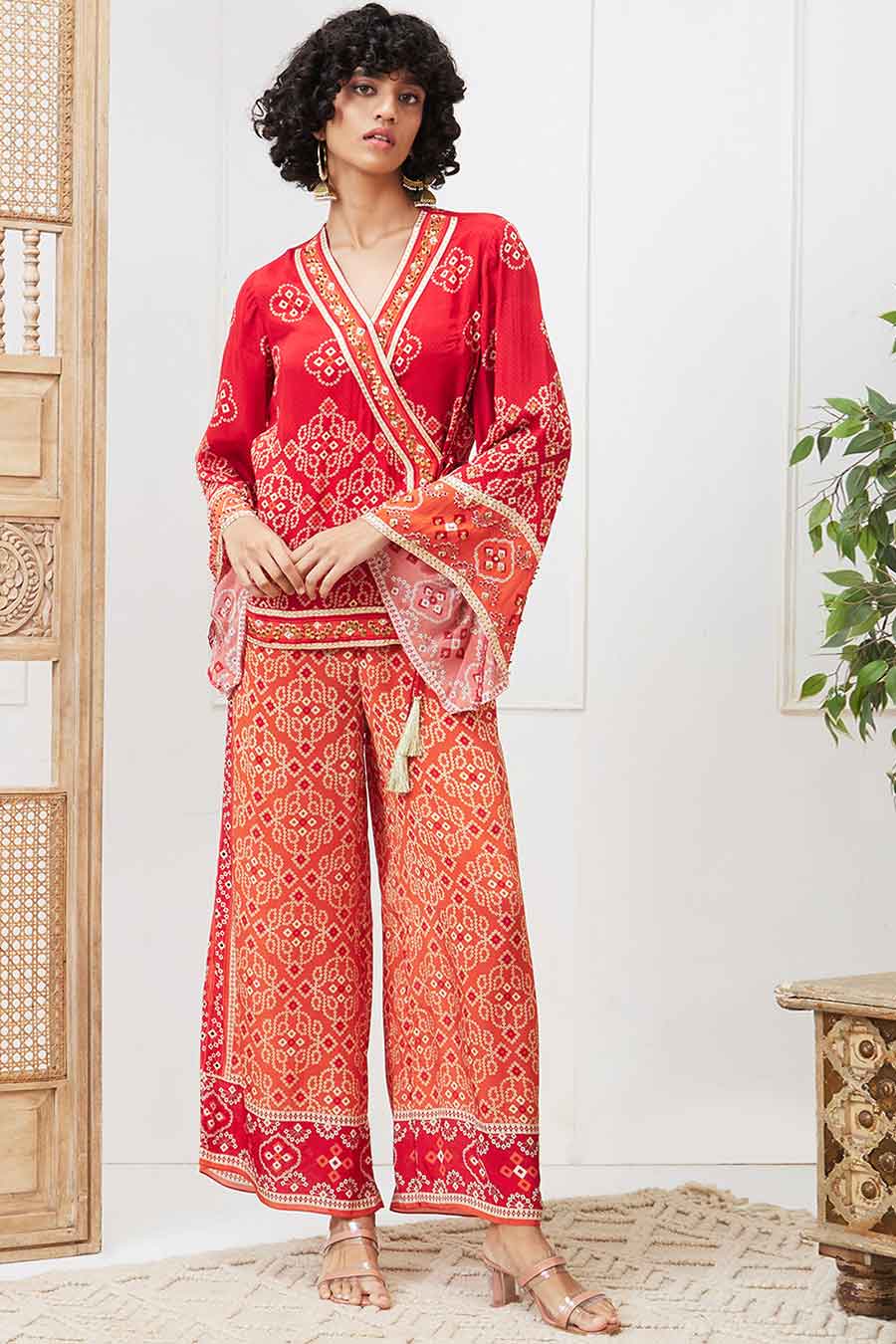 Red & Orange Bandej Printed Angarkha Set