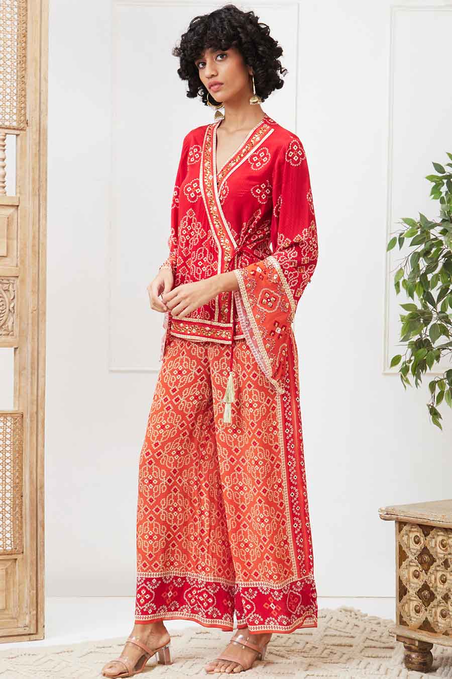 Red & Orange Bandej Printed Angarkha Set