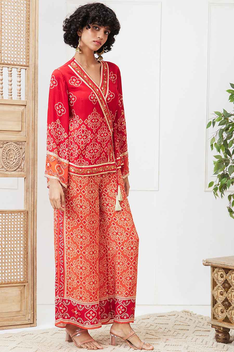 Red & Orange Bandej Printed Angarkha Set