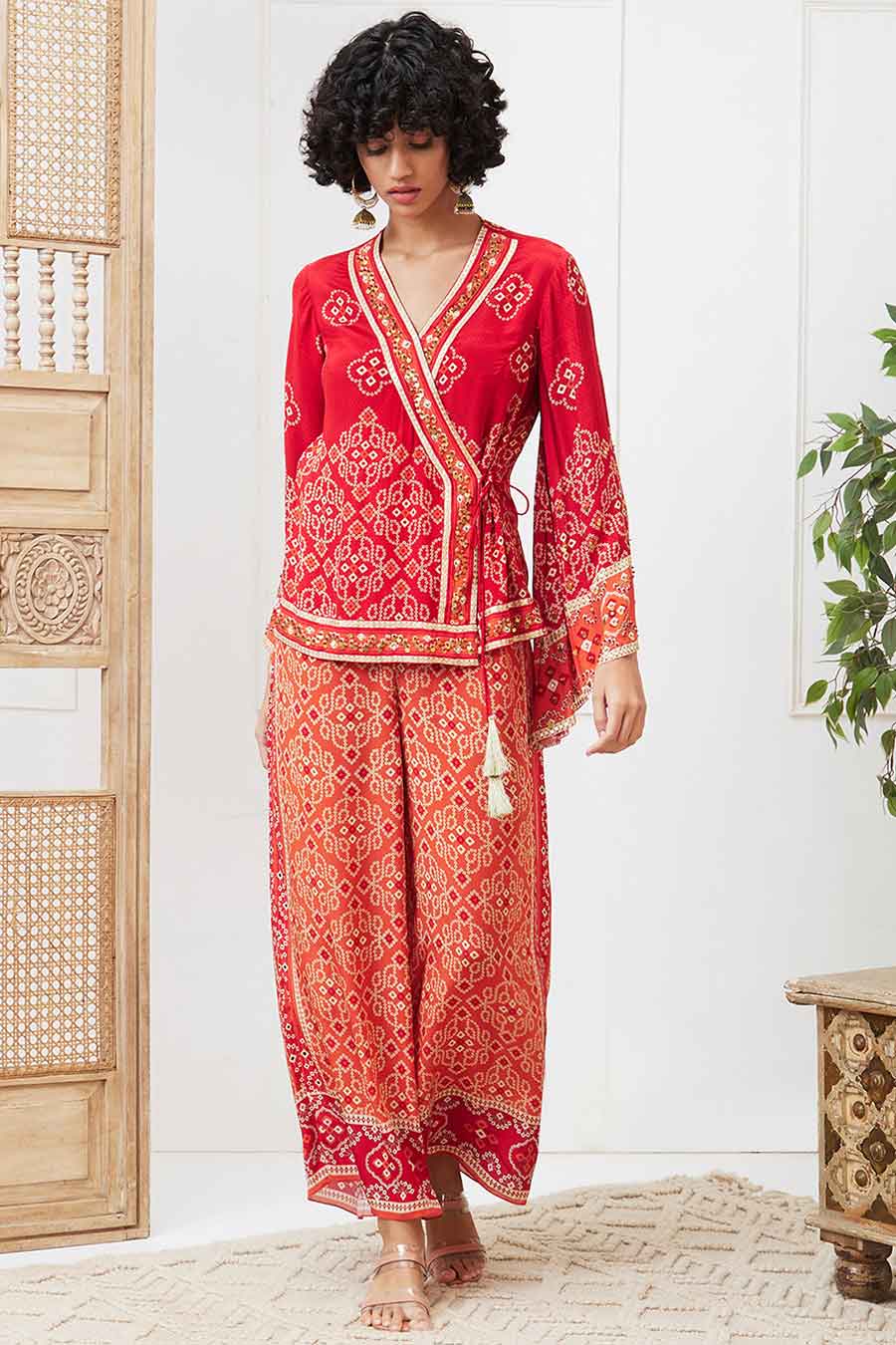 Red & Orange Bandej Printed Angarkha Set