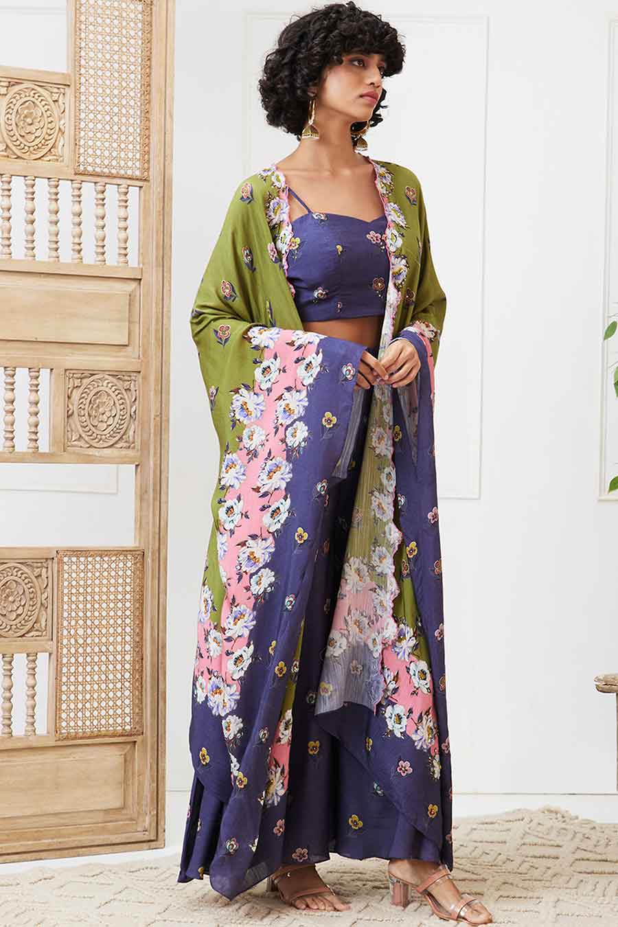 Blue & Green Tasnim Printed Co-Ord Set with Kimono Jacket