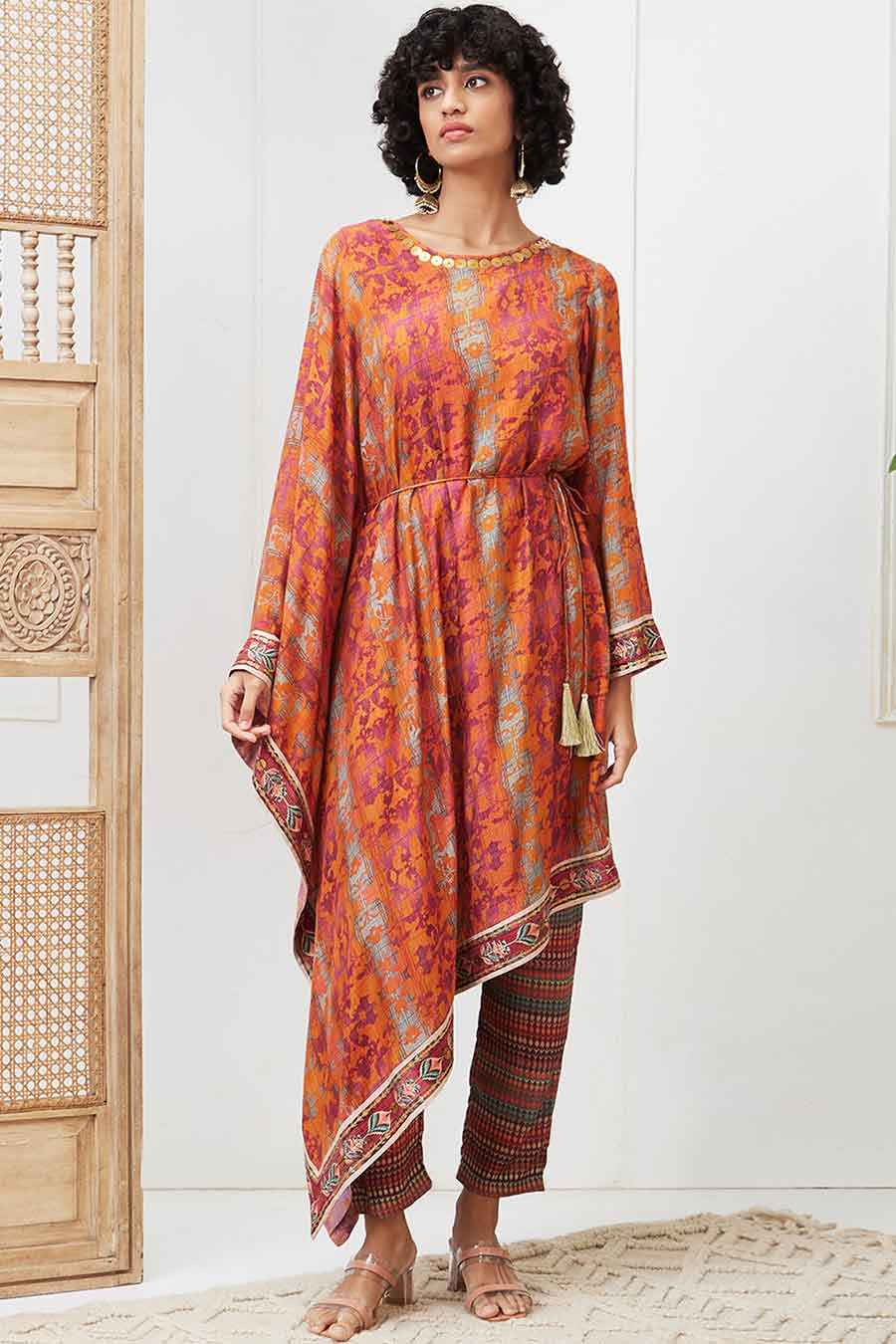 Orange Adah Printed Asymmetric Kurta Set