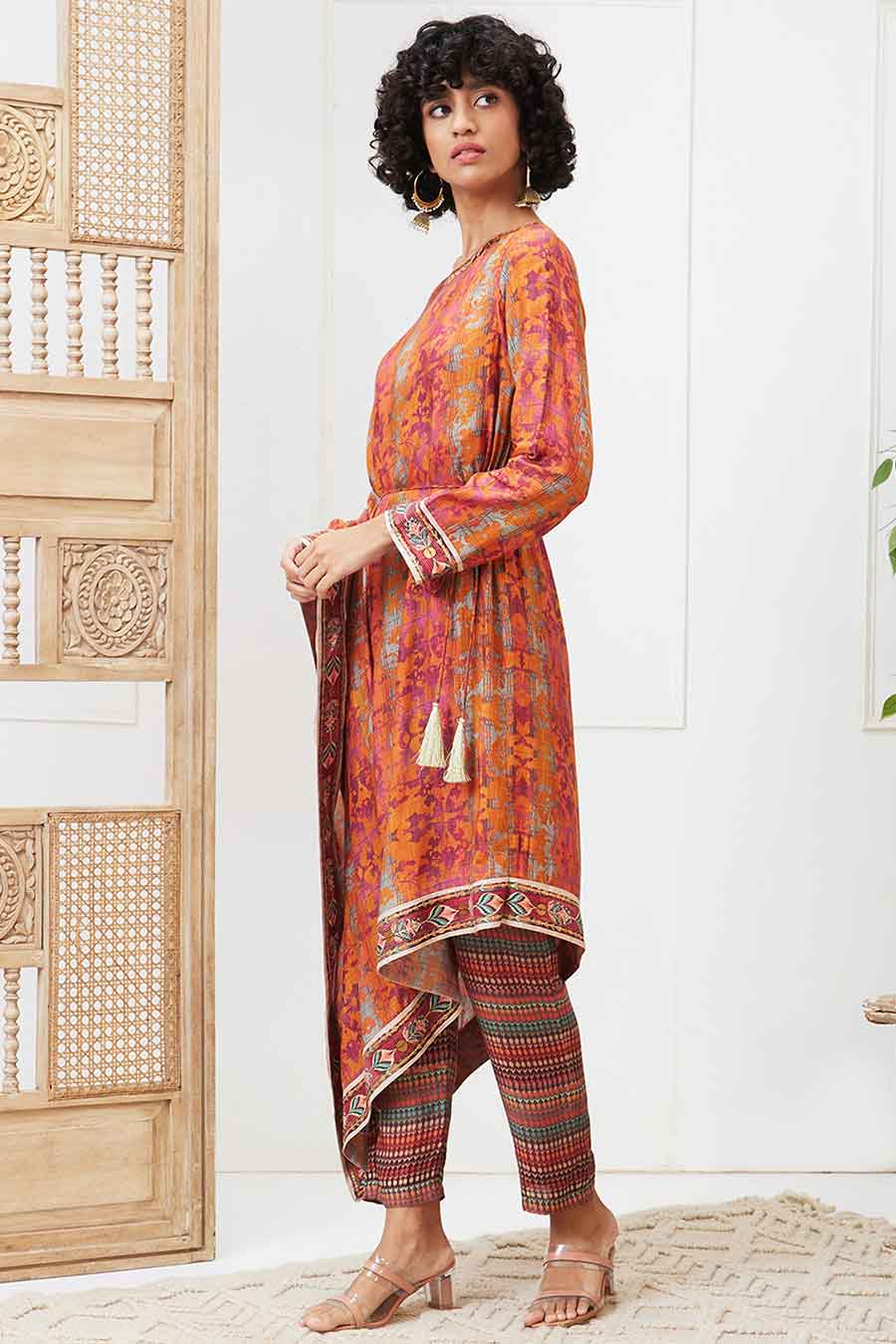 Orange Adah Printed Asymmetric Kurta Set