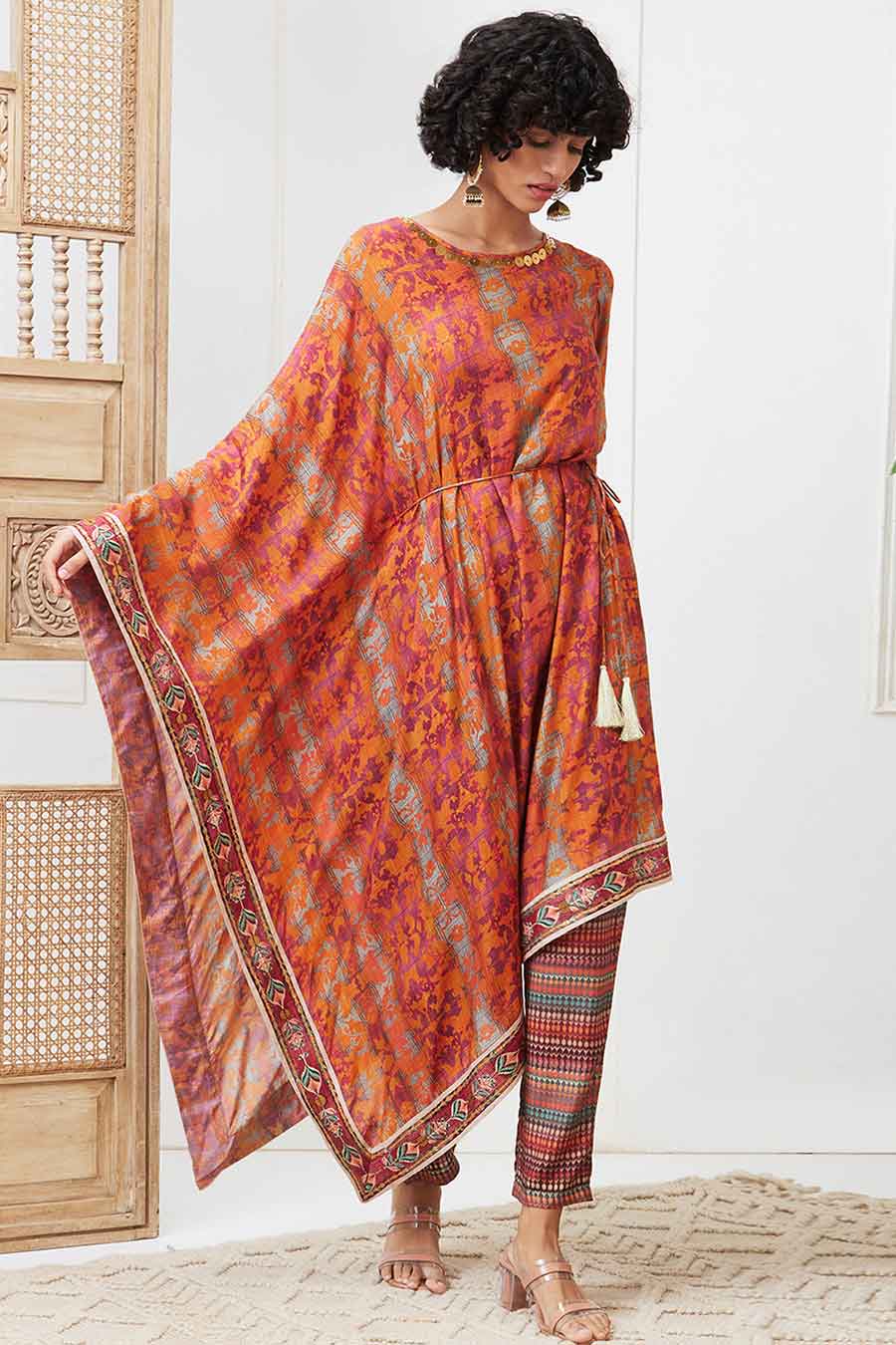 Orange Adah Printed Asymmetric Kurta Set