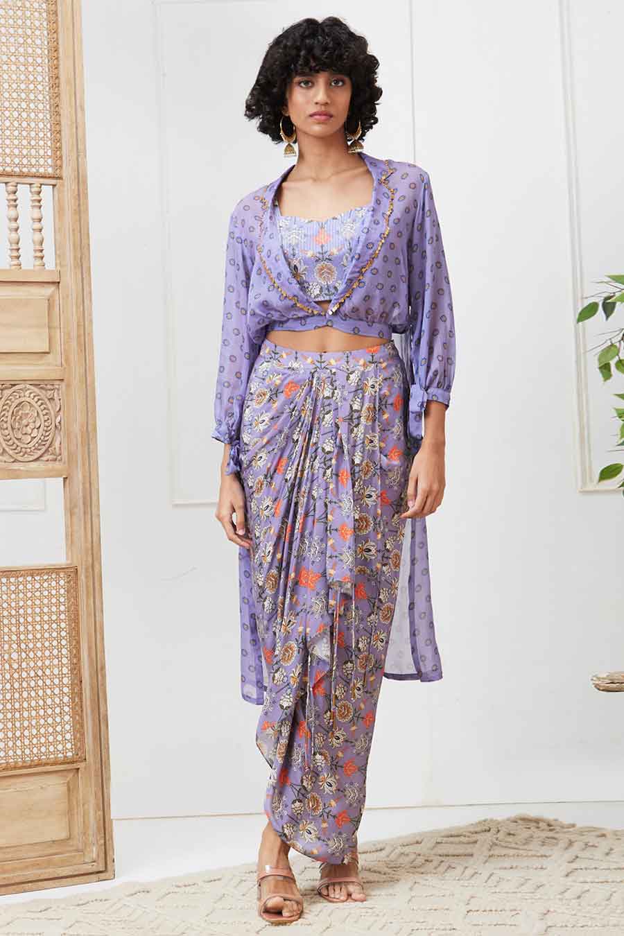 Purple Tabriz Embellished Drape Skirt Co-ord Set